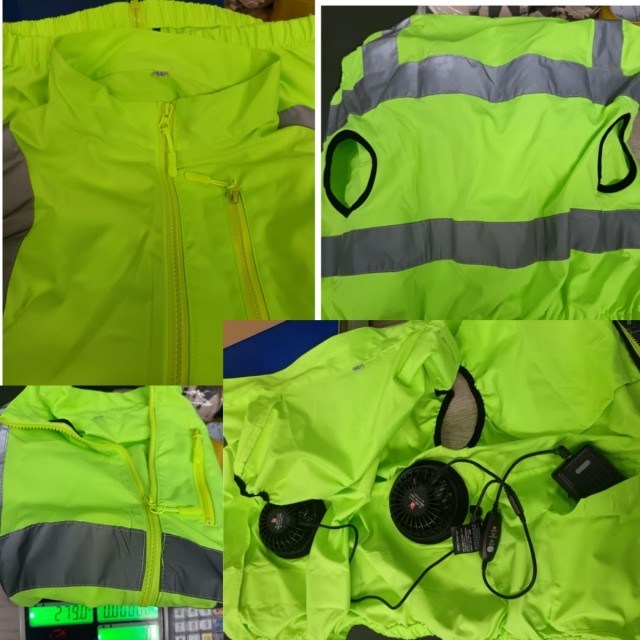 เสื้อกั๊กนิรภัยสีเขียวพร้อมพัดลมระบายความร้อน เสื้อกั๊กสะท้อนแสง Hi Vis และพัดลมสำหรับพนักงานรักษาความปลอดภัยและคนงานบนท้องถนน
